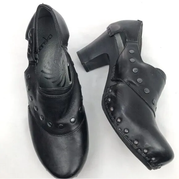 Dansko RYDER Black Leather Studded Heeled Platform Clogs