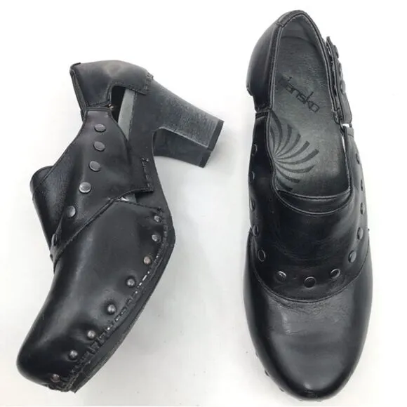 Dansko RYDER Black Leather Studded Heeled Platform Clogs