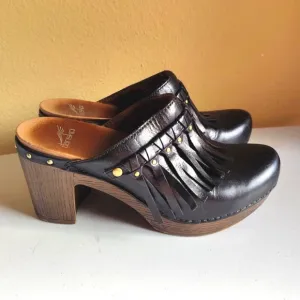 Dansko Women's Deni Black Fringe Heeled Slip On Clogs Mules Sz 39 (8.5-9) Boho