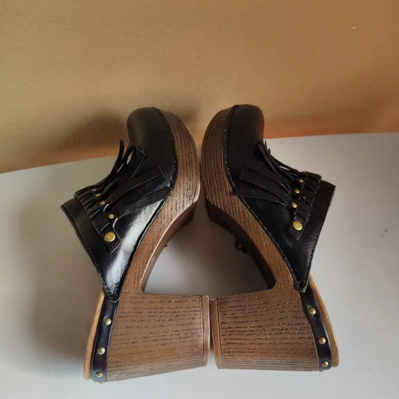 Dansko Women's Deni Black Fringe Heeled Slip On Clogs Mules Sz 39 (8.5-9) Boho