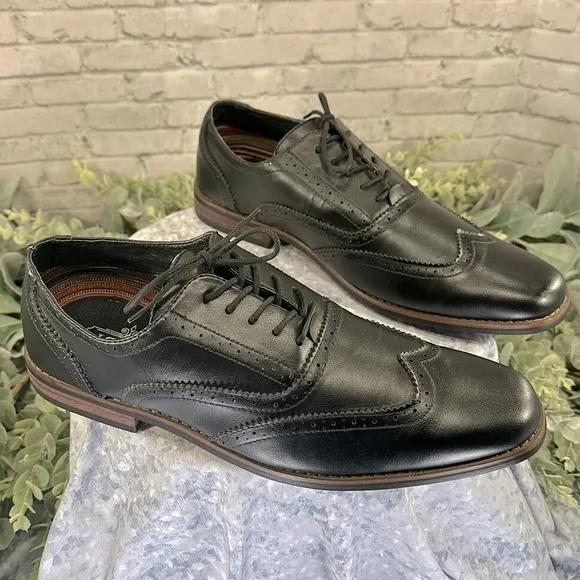 DARBY - Black Faux Leather Semi-Round Toe Wingtip Dress Oxfords Mens 10.5M🖤VGUC