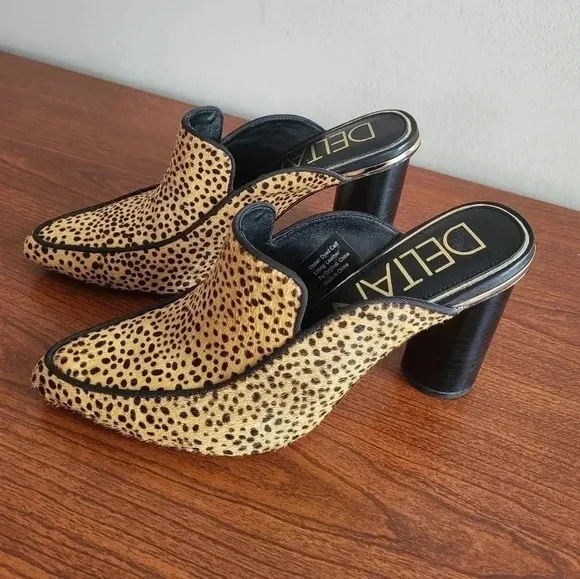 Deltan Leather Cheetah Print Dyed Calf Hair Pointed Toe Slip on Mules(6)