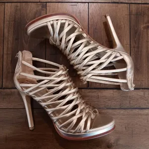 Diane Von Furstenberg DVF Gold Strappy Envy Sandal Stiletto Heels Womens Sz 6.5