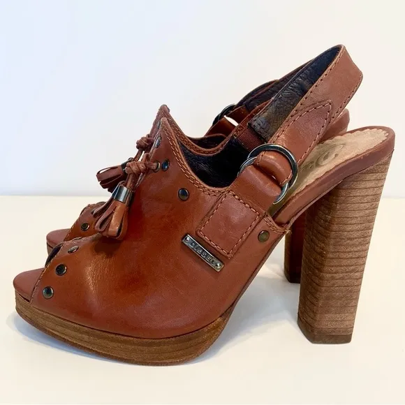 Diesel Cuir Desir Peep Toe Brown Leather Mules Size 37