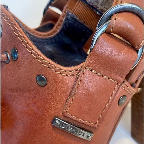 Diesel Cuir Desir Peep Toe Brown Leather Mules Size 37