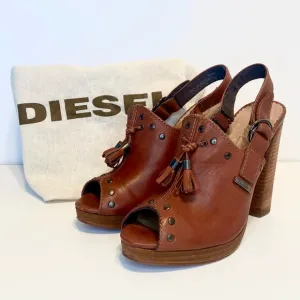 Diesel Cuir Desir Peep Toe Brown Leather Mules Size 37