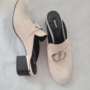 DKNY Rizz Suede Logo Hardware Block Heel Mules