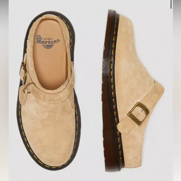 Doc Marten Isham Parchment Beige Desert Oasis Suede Buckle platform Mules size 9