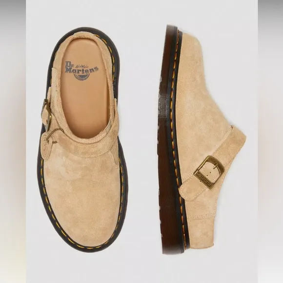 Doc Marten Isham Parchment Beige Desert Oasis Suede Buckle platform Mules size 9
