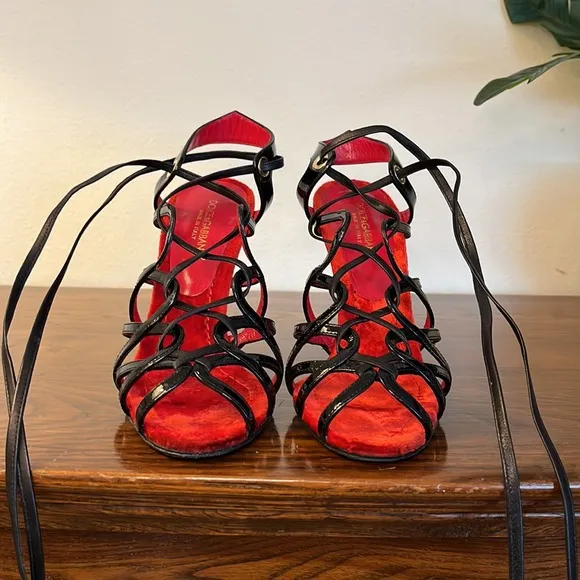 Dolce &amp; Gabbana Ankle Tie Patent Leather Strappy Heels