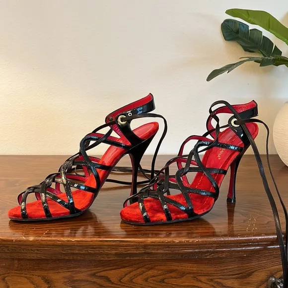 Dolce &amp; Gabbana Ankle Tie Patent Leather Strappy Heels