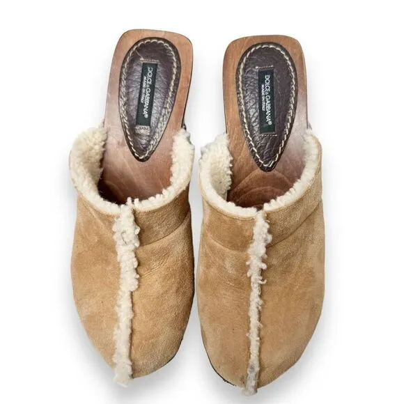 Dolce &amp; Gabbana Tan Shearling Suede Wooden Heel Platform Clogs Women’s Size 37.5