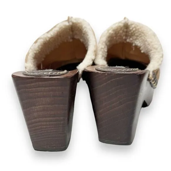 Dolce &amp; Gabbana Tan Shearling Suede Wooden Heel Platform Clogs Women’s Size 37.5
