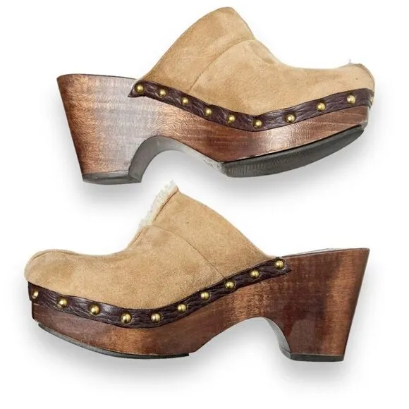 Dolce &amp; Gabbana Tan Shearling Suede Wooden Heel Platform Clogs Women’s Size 37.5