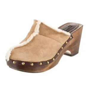Dolce &amp; Gabbana Tan Shearling Suede Wooden Heel Platform Clogs Women’s Size 37.5