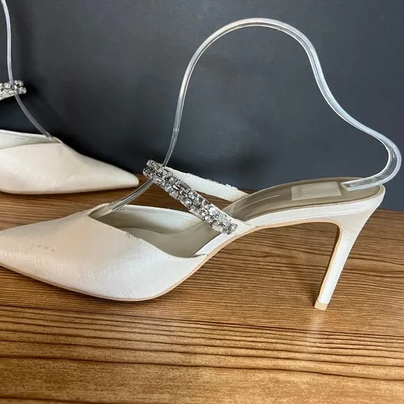 Dolce Vita Kanika White Satin Rhinestone Slip On Heeled Mules Womens 9.5 Pumps