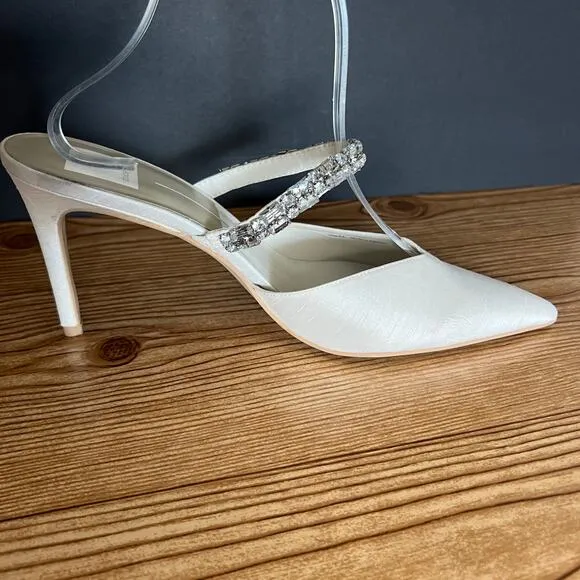 Dolce Vita Kanika White Satin Rhinestone Slip On Heeled Mules Womens 9.5 Pumps