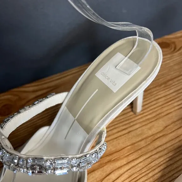 Dolce Vita Kanika White Satin Rhinestone Slip On Heeled Mules Womens 9.5 Pumps