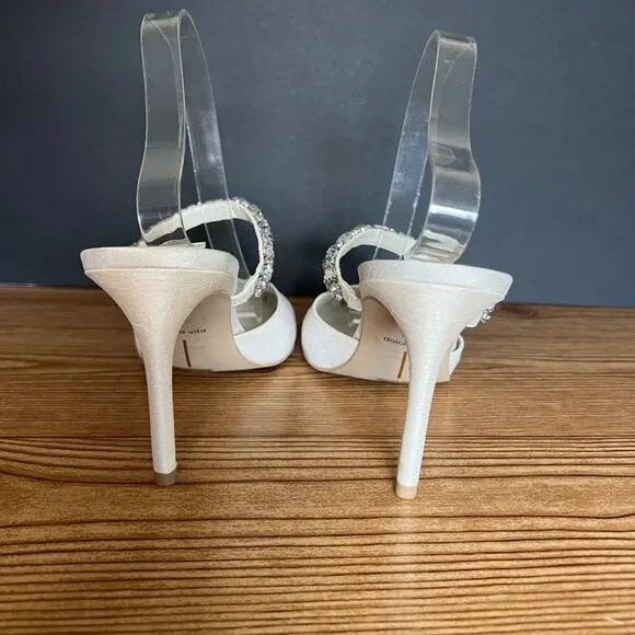 Dolce Vita Kanika White Satin Rhinestone Slip On Heeled Mules Womens 9.5 Pumps