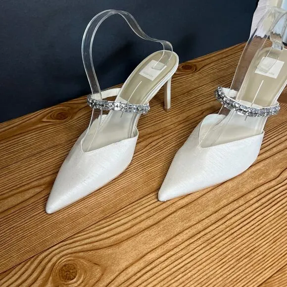 Dolce Vita Kanika White Satin Rhinestone Slip On Heeled Mules Womens 9.5 Pumps