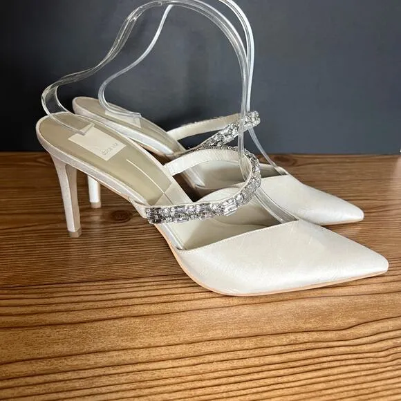 Dolce Vita Kanika White Satin Rhinestone Slip On Heeled Mules Womens 9.5 Pumps