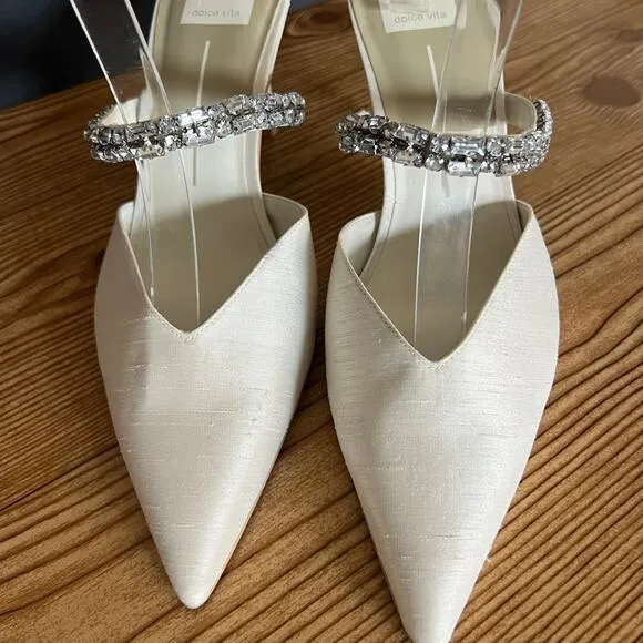 Dolce Vita Kanika White Satin Rhinestone Slip On Heeled Mules Womens 9.5 Pumps