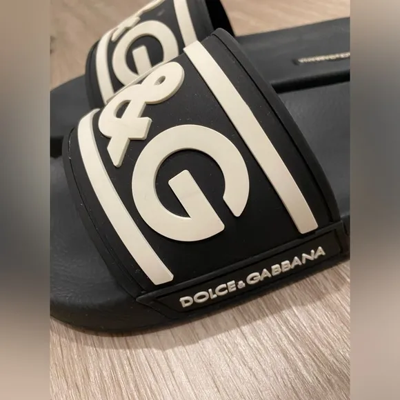 Dolce&amp;Gabbana Black White Logo Pool Slides EU Size 40 (Mens US 9) Unisex