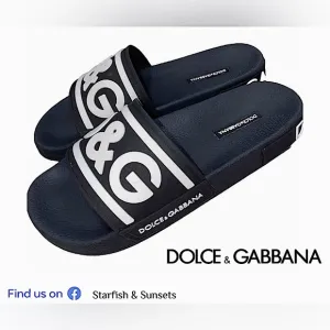 Dolce&amp;Gabbana Black White Logo Pool Slides EU Size 40 (Mens US 9) Unisex