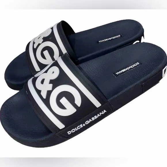 Dolce&amp;Gabbana Black White Logo Pool Slides EU Size 40 (Mens US 9) Unisex