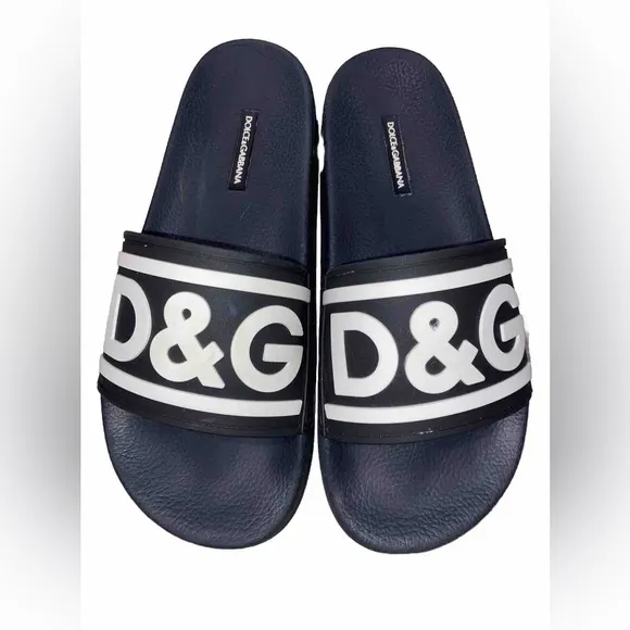 Dolce&amp;Gabbana Black White Logo Pool Slides EU Size 40 (Mens US 9) Unisex