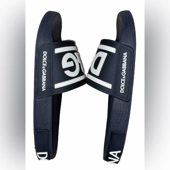 Dolce&amp;Gabbana Black White Logo Pool Slides EU Size 40 (Mens US 9) Unisex