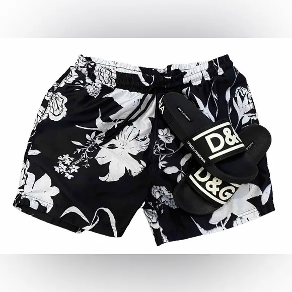 Dolce&amp;Gabbana Black White Logo Pool Slides EU Size 40 (Mens US 9) Unisex
