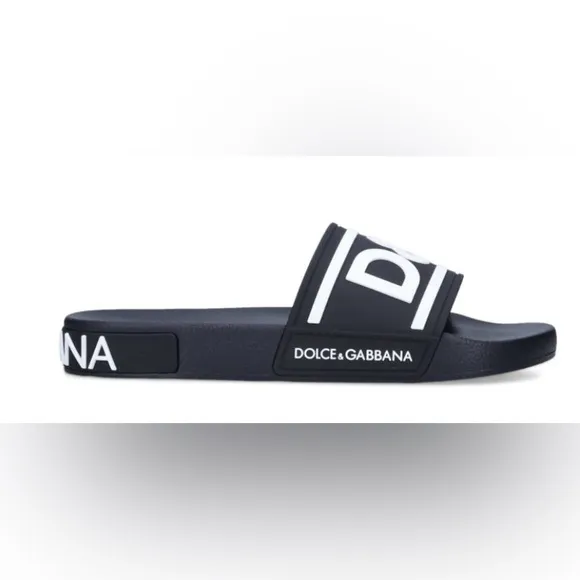 Dolce&amp;Gabbana Black White Logo Pool Slides EU Size 40 (Mens US 9) Unisex