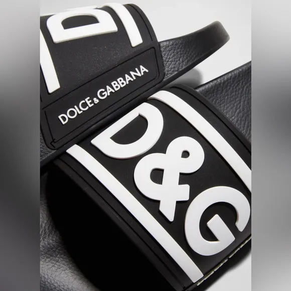 Dolce&amp;Gabbana Black White Logo Pool Slides EU Size 40 (Mens US 9) Unisex