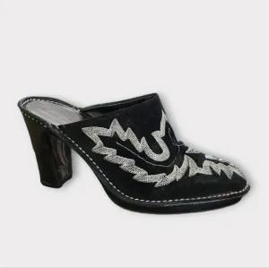 Donald J. Pliner Black Suede Western Embroidered Heeled Mules