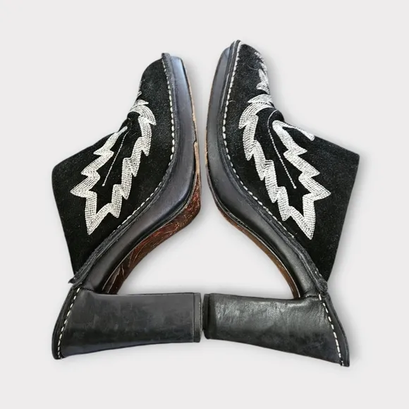Donald J. Pliner Black Suede Western Embroidered Heeled Mules