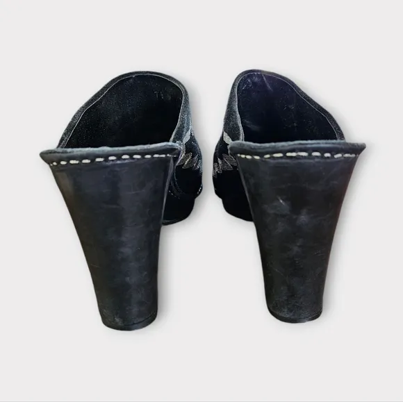 Donald J. Pliner Black Suede Western Embroidered Heeled Mules