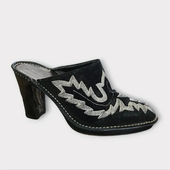 Donald J. Pliner Black Suede Western Embroidered Heeled Mules