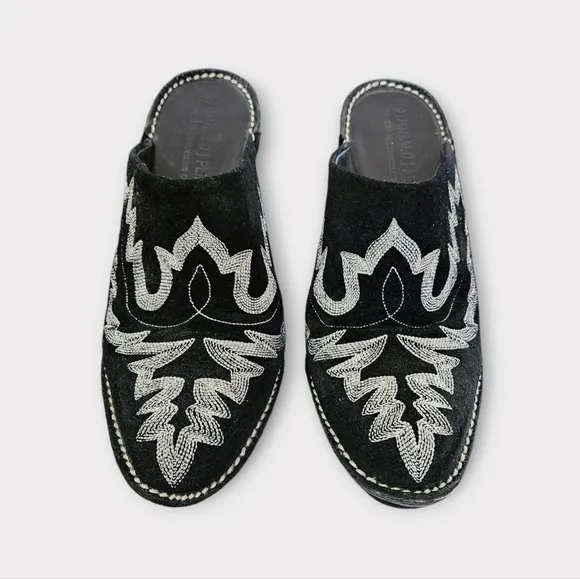 Donald J. Pliner Black Suede Western Embroidered Heeled Mules