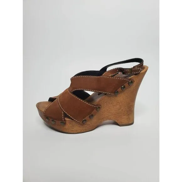 Donald J Pliner Lusa Strappy Suede Wooden Clog Platform Heels Leather Rivets Y2K