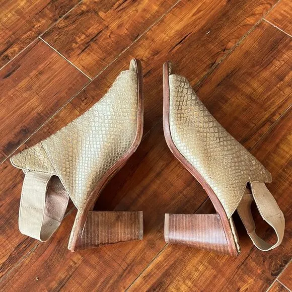 Donald PLINER Leather Platino Snake Print Gold Slingback Clogs Heeled Miles