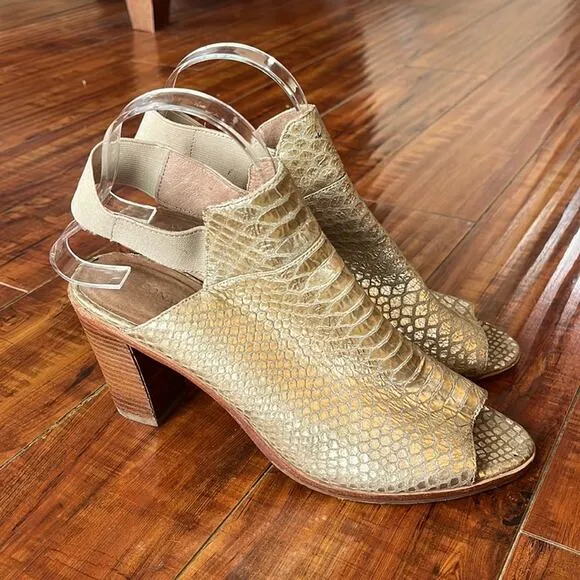 Donald PLINER Leather Platino Snake Print Gold Slingback Clogs Heeled Miles