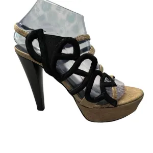 Donald Pliner Womens 8.5M Caged Platform Heels Pumps Black Tan Slip On Strappy