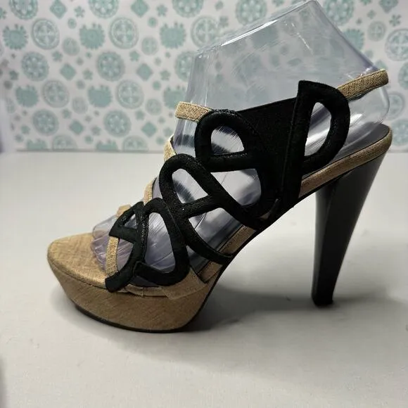 Donald Pliner Womens 8.5M Caged Platform Heels Pumps Black Tan Slip On Strappy