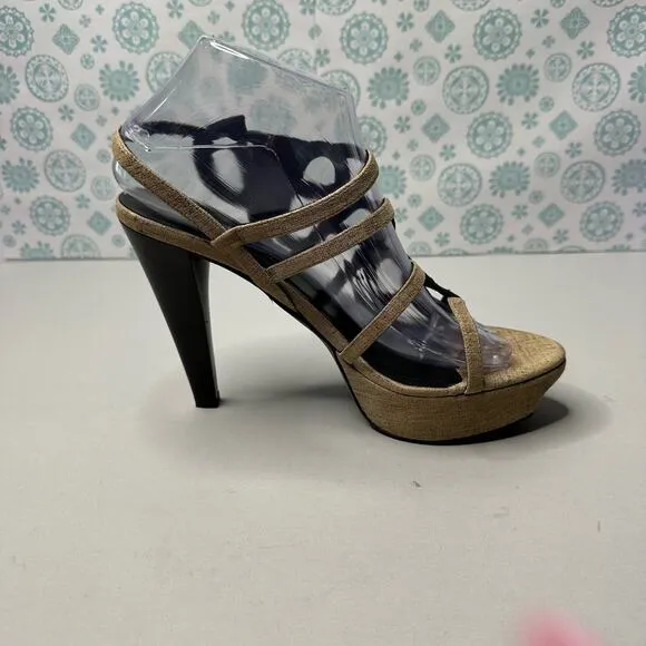 Donald Pliner Womens 8.5M Caged Platform Heels Pumps Black Tan Slip On Strappy