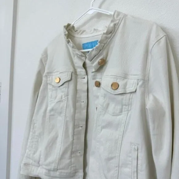 Draper James RSVP Ruffle Collar Denim Jacket White Cotton Women Large Southern