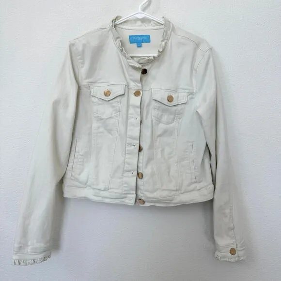 Draper James RSVP Ruffle Collar Denim Jacket White Cotton Women Large Southern