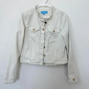Draper James RSVP Ruffle Collar Denim Jacket White Cotton Women Large Southern