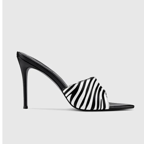 DRAYA MICHELE X LA FEMME Heels Zebra Pointed Toe 4” Stiletto Black White US 8