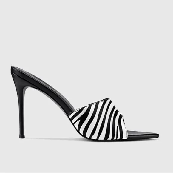 DRAYA MICHELE X LA FEMME Heels Zebra Pointed Toe 4” Stiletto Black White US 8